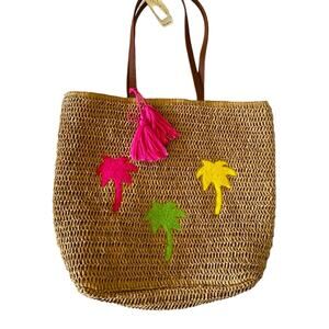 NWT Cee Klein Straw Beach Bag lined Embroidered Palm trees Snap Closure